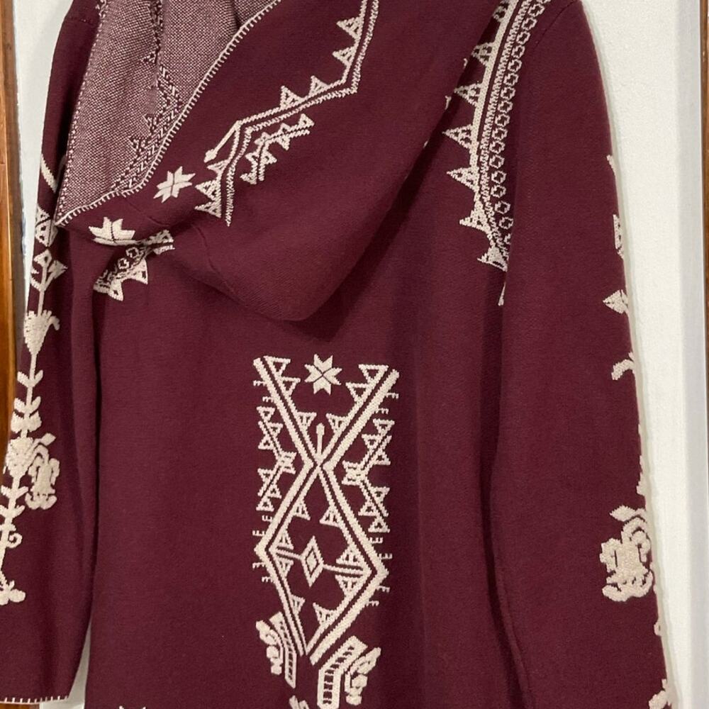 MAXSPORT Open Front Hooded Wool Cardigan Sweater Women Size Small Red/Cream Boho - Picture 5 of 9